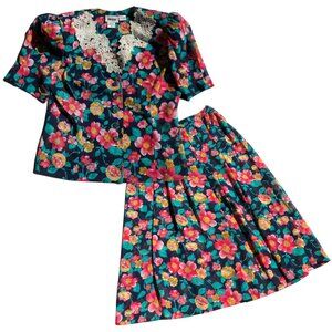 VTG 90s Leslie Fay Floral Two-Piece Skirt Set, Size 10, Navy Pink/Yellow